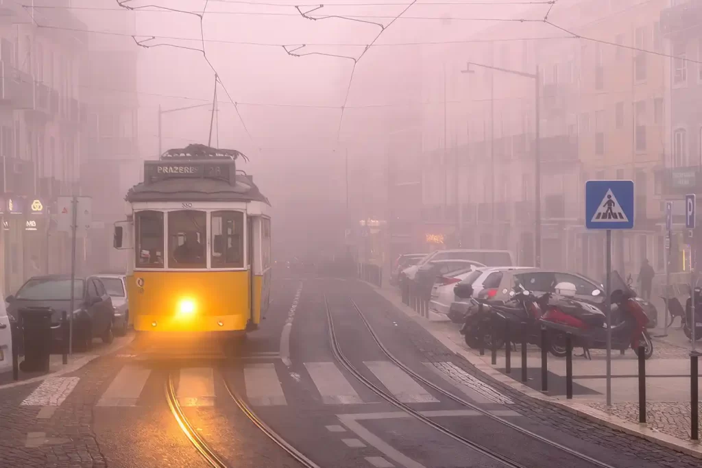 Lissabon Strassenbahn Nummer 28 im Nebel